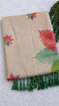 Linen Tissue Saree with Multicolour Leaf Print & Green Tassel Pallu