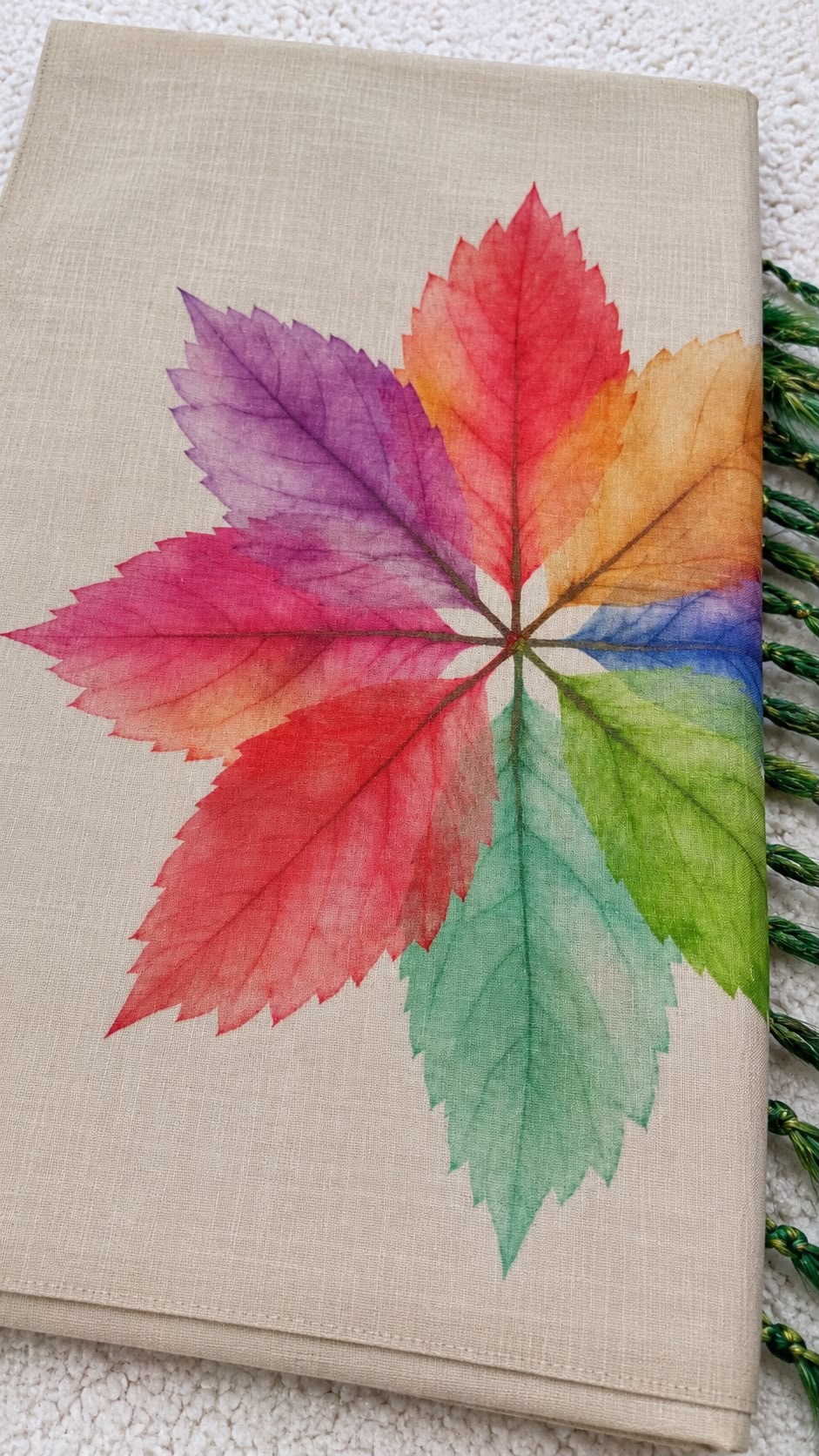 Linen Tissue Saree with Multicolour Leaf Print & Green Tassel Pallu