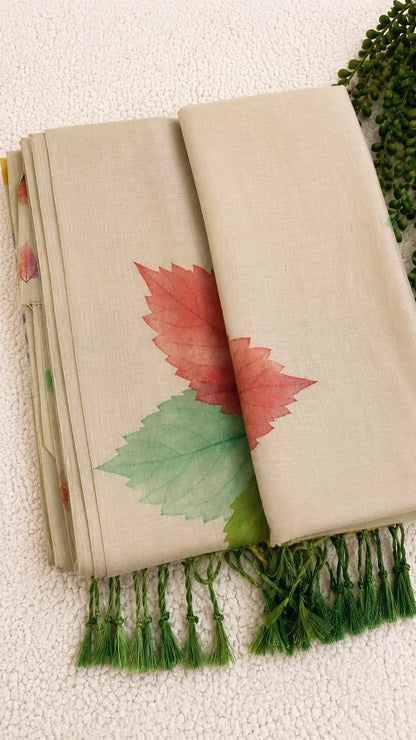 Linen Tissue Saree with Multicolour Leaf Print & Green Tassel Pallu