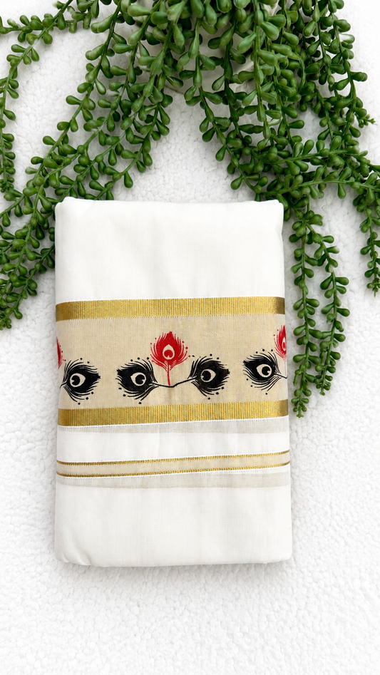 Cotton Set Mundu with Peacock Feather Print & Gold Zari Border | Kerala Traditional Wear