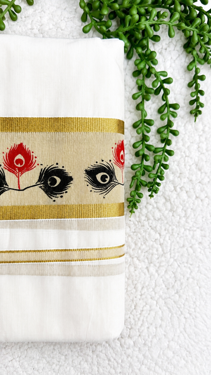 Cotton Set Mundu with Peacock Feather Print & Gold Zari Border | Kerala Traditional Wear