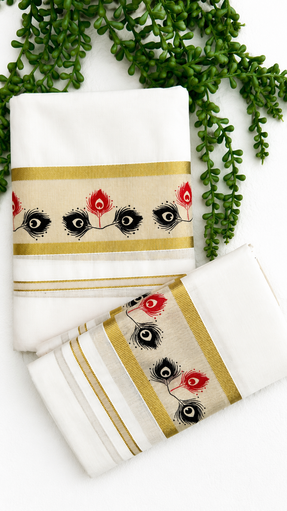 Cotton Set Mundu with Peacock Feather Print & Gold Zari Border | Kerala Traditional Wear