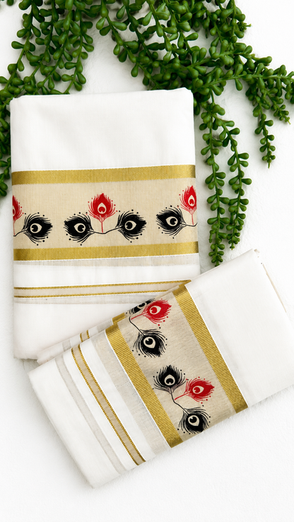 Cotton Set Mundu with Peacock Feather Print & Gold Zari Border | Kerala Traditional Wear