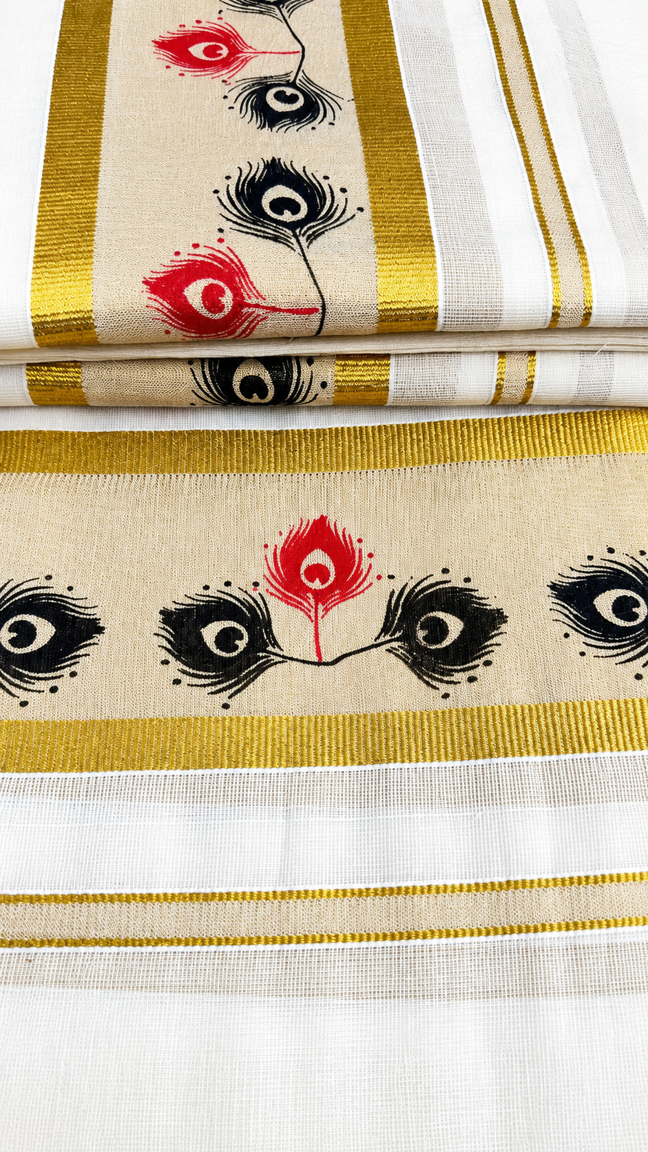 Cotton Set Mundu with Peacock Feather Print & Gold Zari Border | Kerala Traditional Wear