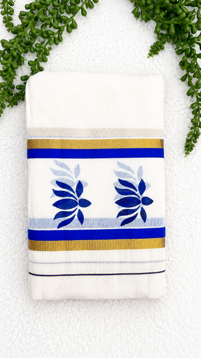 Kerala Cotton Set Mundu with Lotus Motif Border – Gold Kasavu Detail