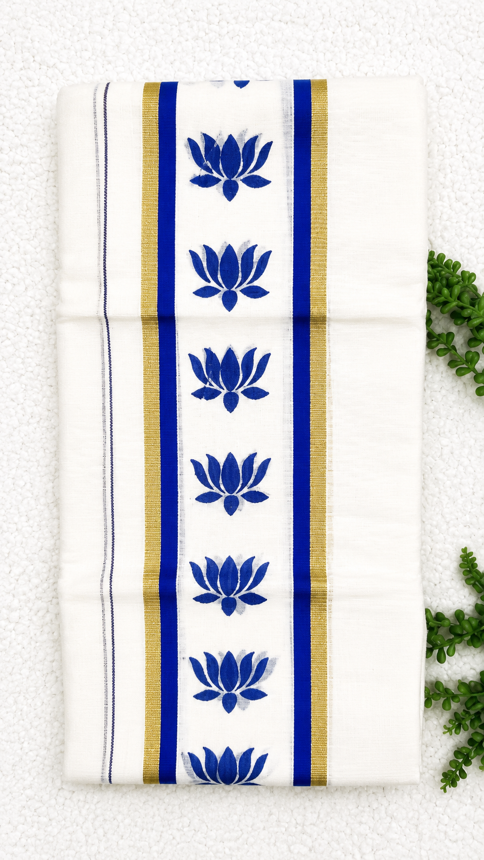 Kerala Cotton Set Mundu with Lotus Motif Border – Gold Kasavu Detail