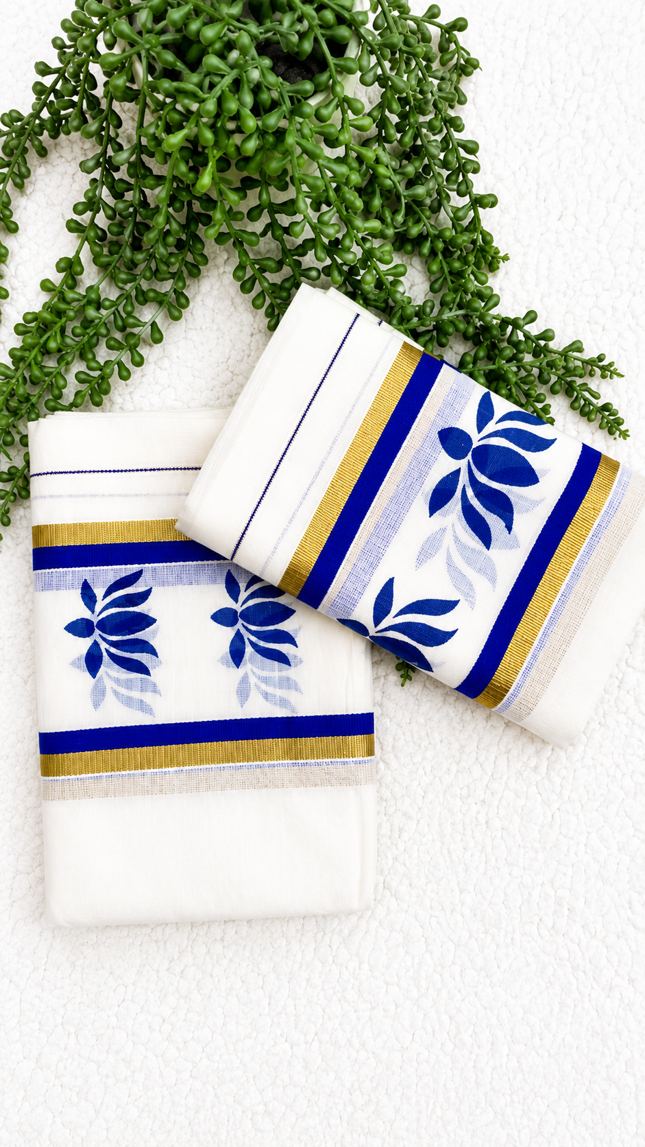 Kerala Cotton Set Mundu with Lotus Motif Border – Gold Kasavu Detail