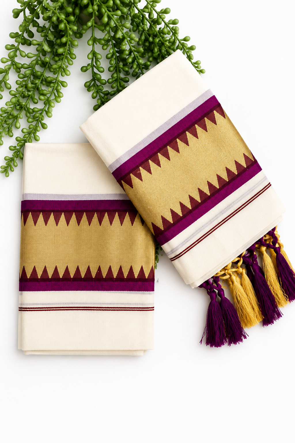 Set Mundu with Purple & Gold Temple Border – Tasseled Tissue Mundu | Traditional South Indian Wear