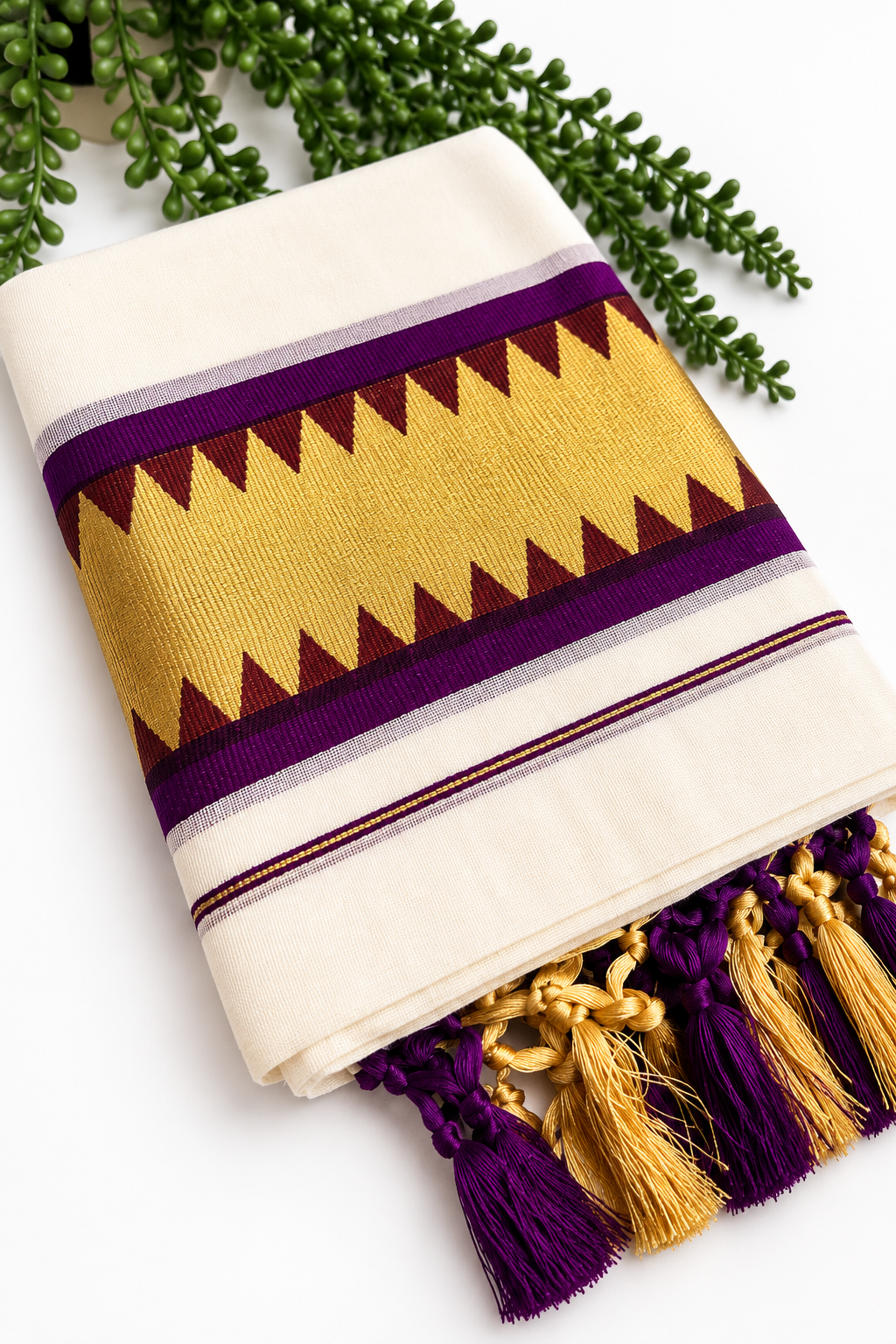 Set Mundu with Purple & Gold Temple Border – Tasseled Tissue Mundu | Traditional South Indian Wear