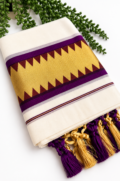 Set Mundu with Purple & Gold Temple Border – Tasseled Tissue Mundu | Traditional South Indian Wear
