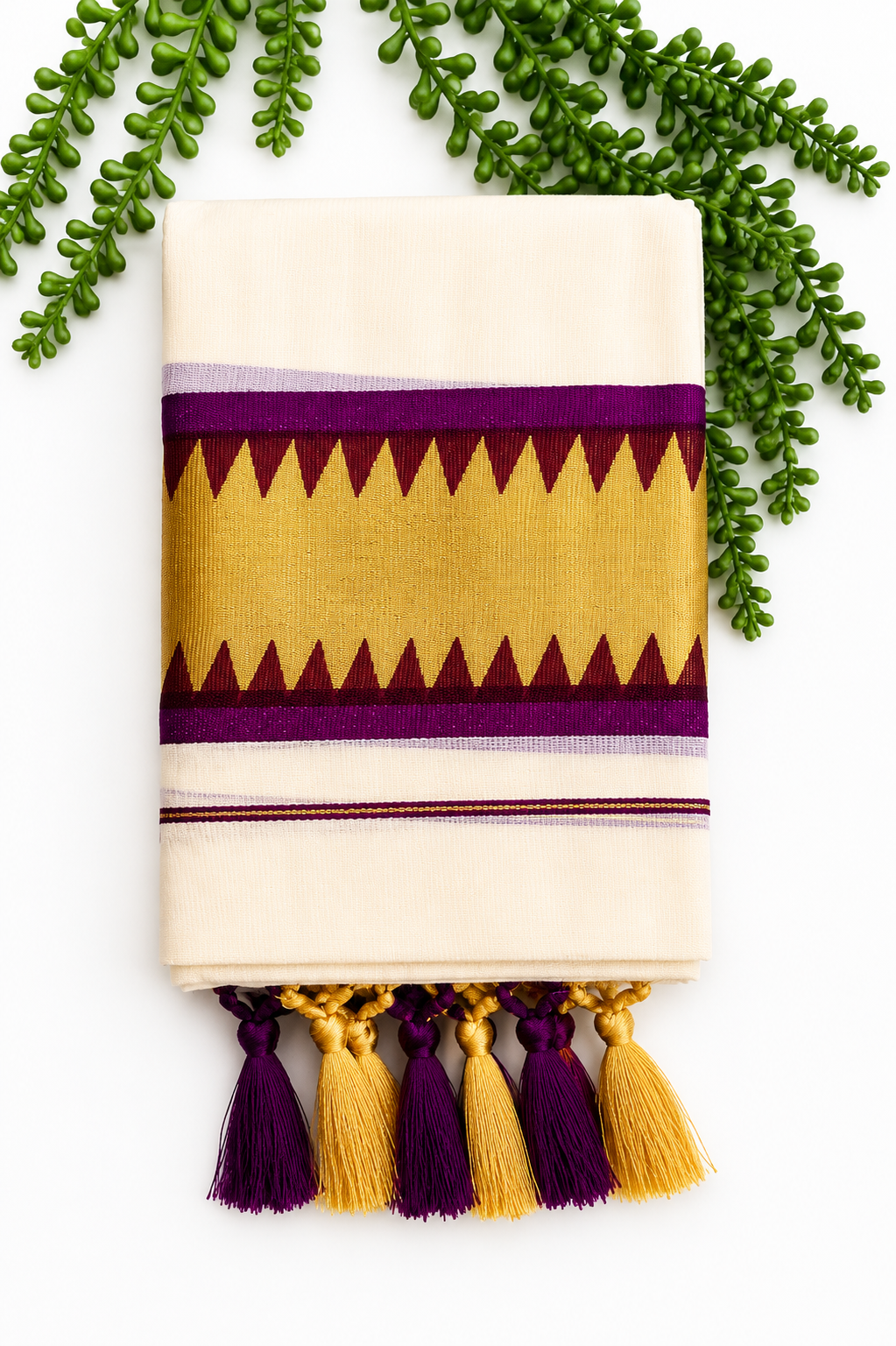 Set Mundu with Purple & Gold Temple Border – Tasseled Tissue Mundu | Traditional South Indian Wear