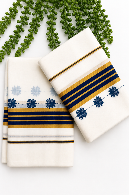 Kerala Cotton Set Mundu with Lotus Motif – Royal Blue Gold Border