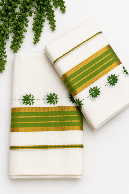 Kerala Cotton Set Mundu with Lotus Motif – Light Green Gold Border