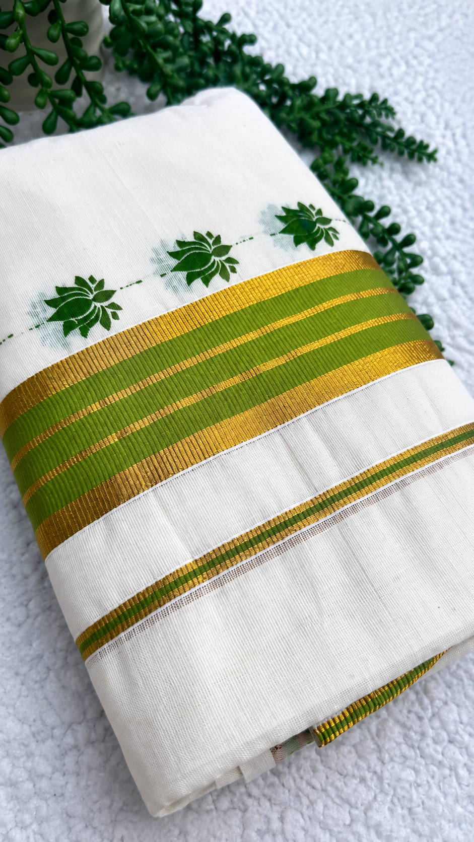 Kerala Cotton Set Mundu with Lotus Motif – Light Green Gold Border