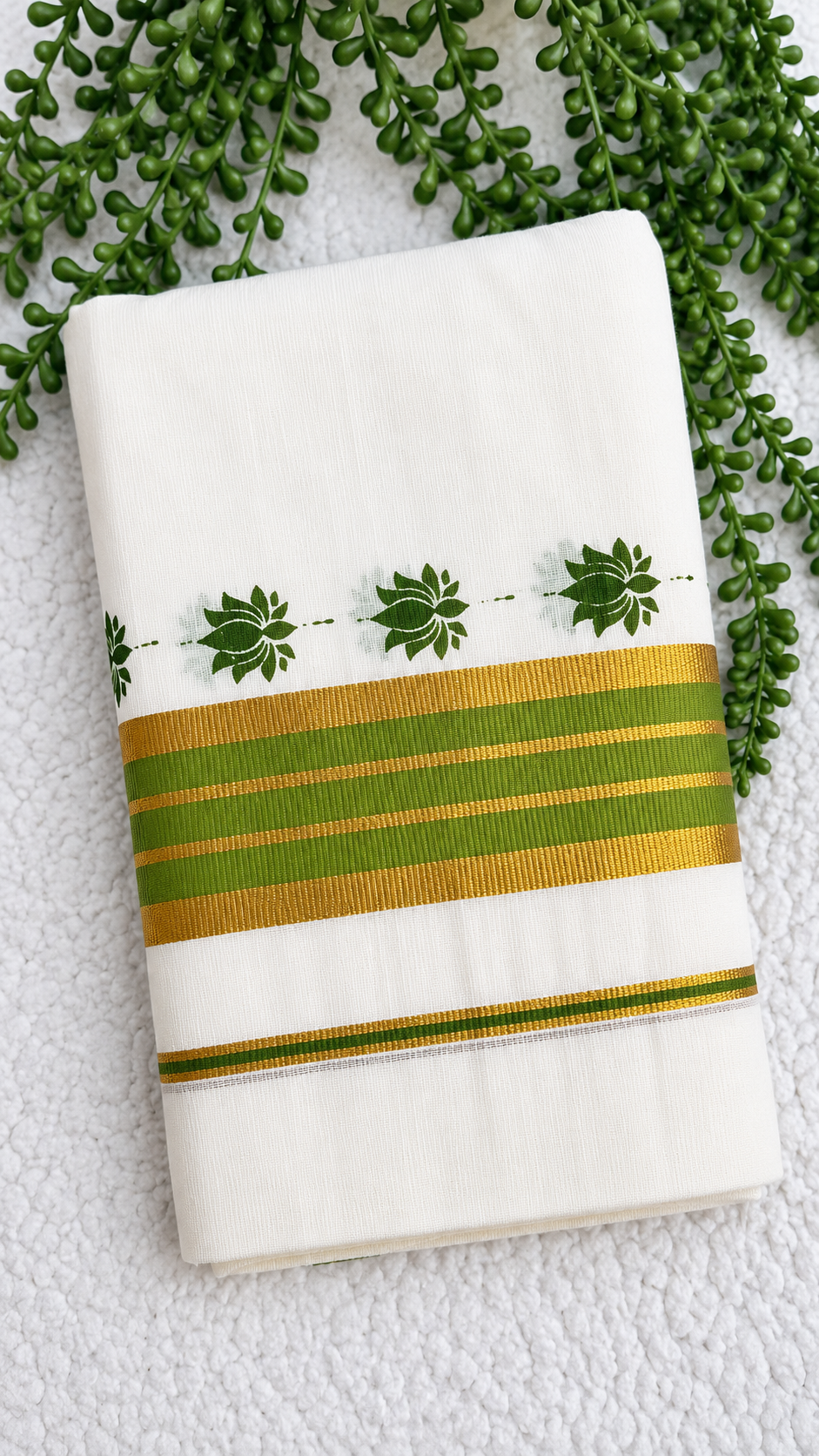 Kerala Cotton Set Mundu with Lotus Motif – Light Green Gold Border