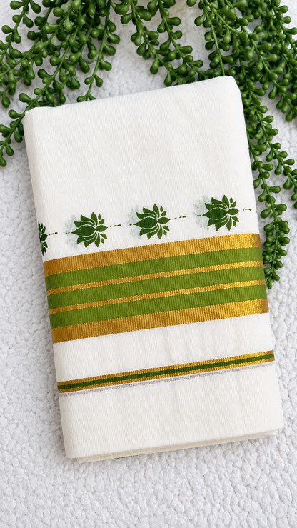 Kerala Cotton Set Mundu with Lotus Motif – Light Green Gold Border