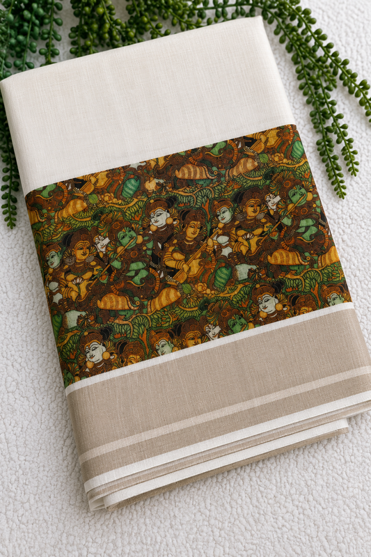 Tissue Linen Saree with Kerala Mural Printwork – Krishna & Gopis Border | Traditional Temple Art Design