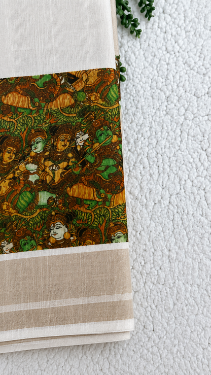 Tissue Linen Saree with Kerala Mural Printwork – Krishna & Gopis Border | Traditional Temple Art Design