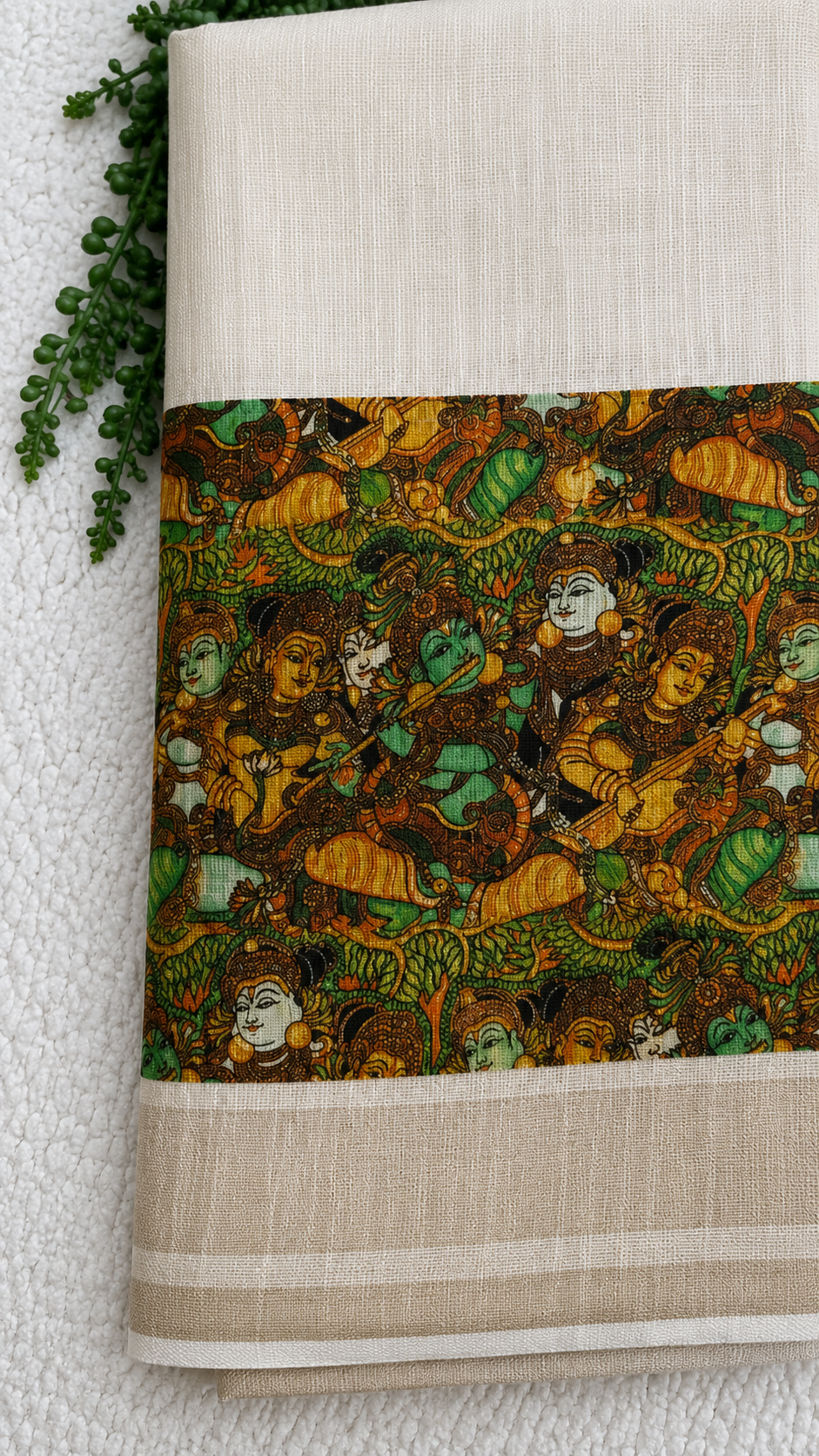 Tissue Linen Saree with Kerala Mural Printwork – Krishna & Gopis Border | Traditional Temple Art Design