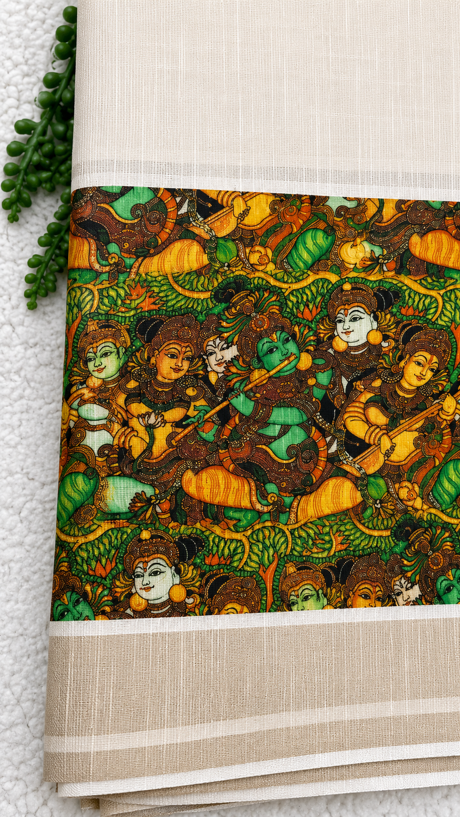Tissue Linen Saree with Kerala Mural Printwork – Krishna & Gopis Border | Traditional Temple Art Design