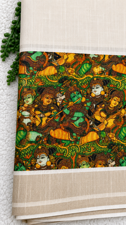 Tissue Linen Saree with Kerala Mural Printwork – Krishna & Gopis Border | Traditional Temple Art Design