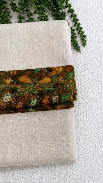 Tissue Linen Saree with Kerala Mural Printwork – Krishna & Gopis Border | Traditional Temple Art Design