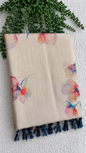 Tissue Saree with Watercolour Floral Print – Beige Base with Navy Tassels | Contemporary Printed Saree