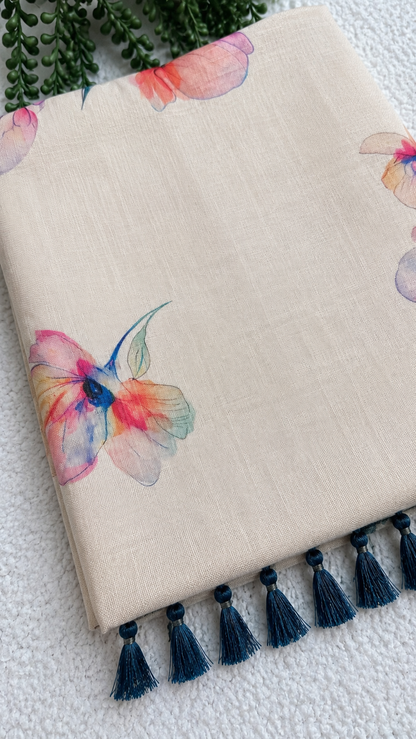 Tissue Saree with Watercolour Floral Print – Beige Base with Navy Tassels | Contemporary Printed Saree