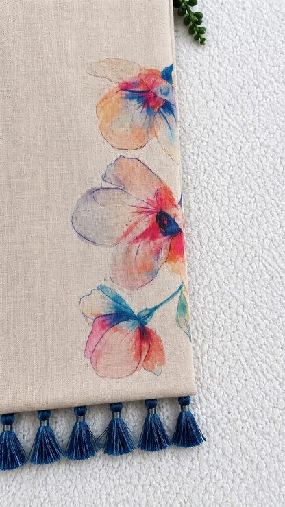 Tissue Saree with Watercolour Floral Print – Beige Base with Navy Tassels | Contemporary Printed Saree