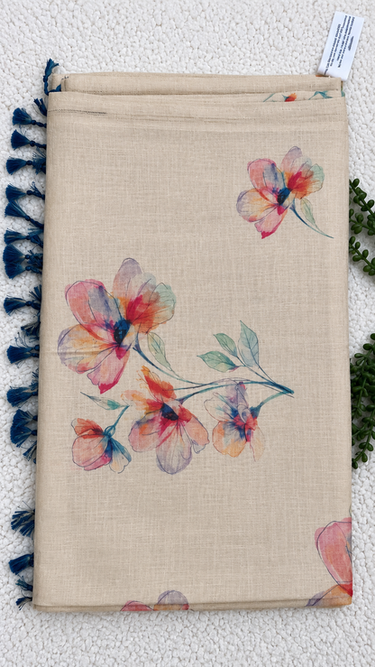 Tissue Saree with Watercolour Floral Print – Beige Base with Navy Tassels | Contemporary Printed Saree