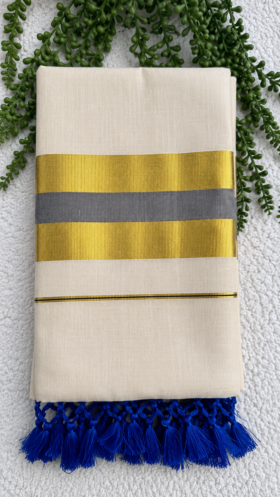 Tissue Saree with Gold Border – Cream Base with Royal Blue Tassels | Plain Tissue Silk Saree