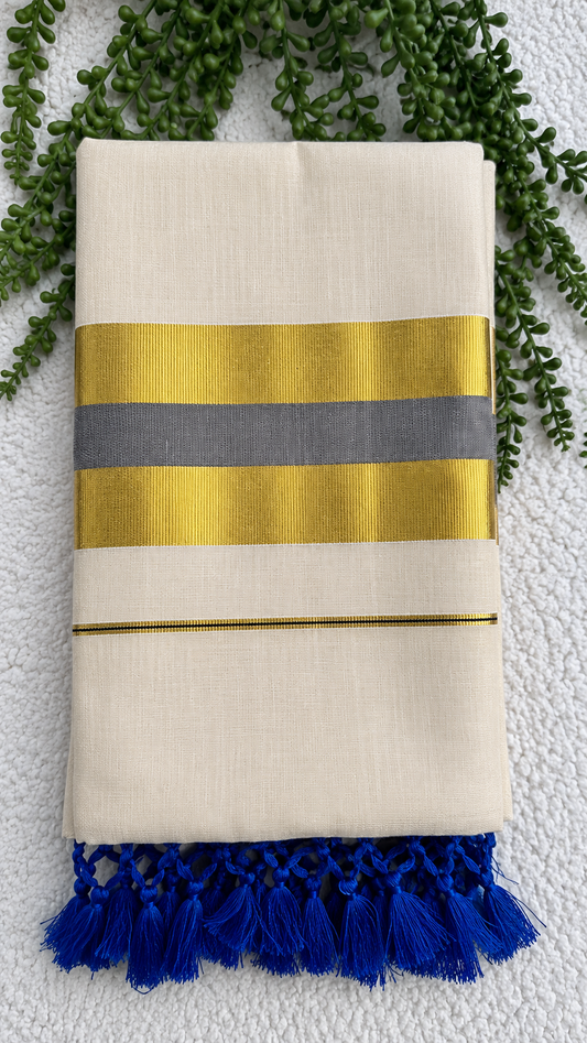 Tissue Saree with Gold Border – Cream Base with Royal Blue Tassels | Plain Tissue Silk Saree