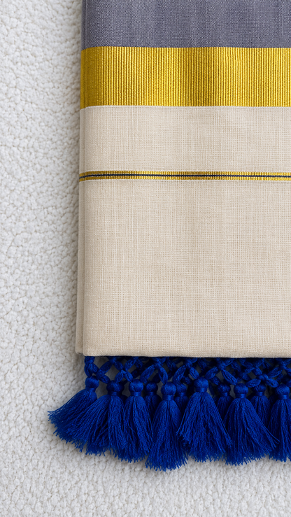 Tissue Saree with Gold Border – Cream Base with Royal Blue Tassels | Plain Tissue Silk Saree