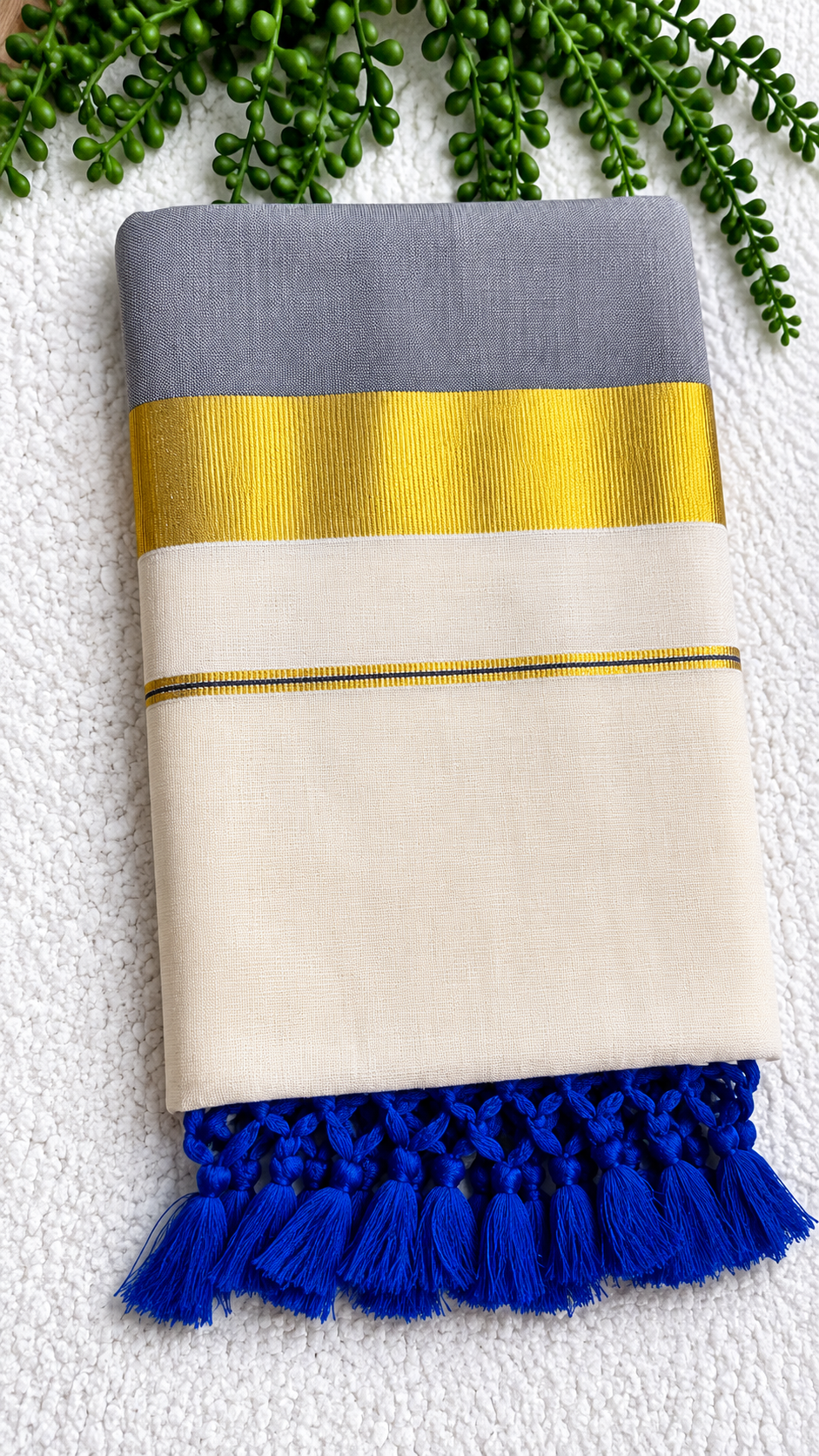 Tissue Saree with Gold Border – Cream Base with Royal Blue Tassels | Plain Tissue Silk Saree