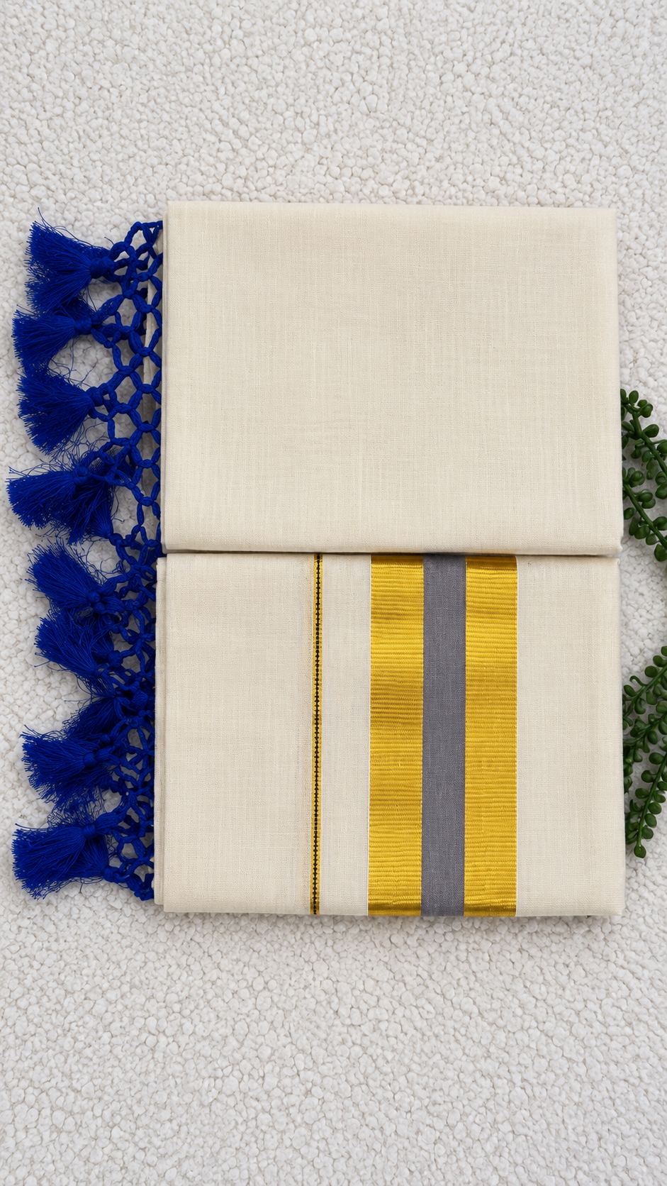 Tissue Saree with Gold Border – Cream Base with Royal Blue Tassels | Plain Tissue Silk Saree