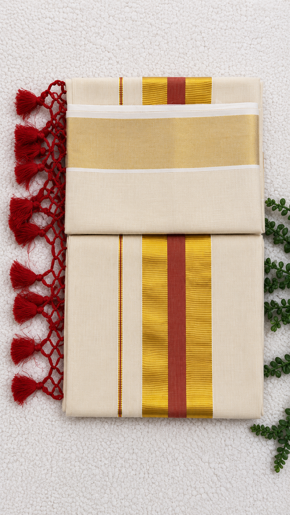 Tissue Saree with Gold & Red Border – Cream Base with Red Tassels | Traditional Kerala-Style Saree