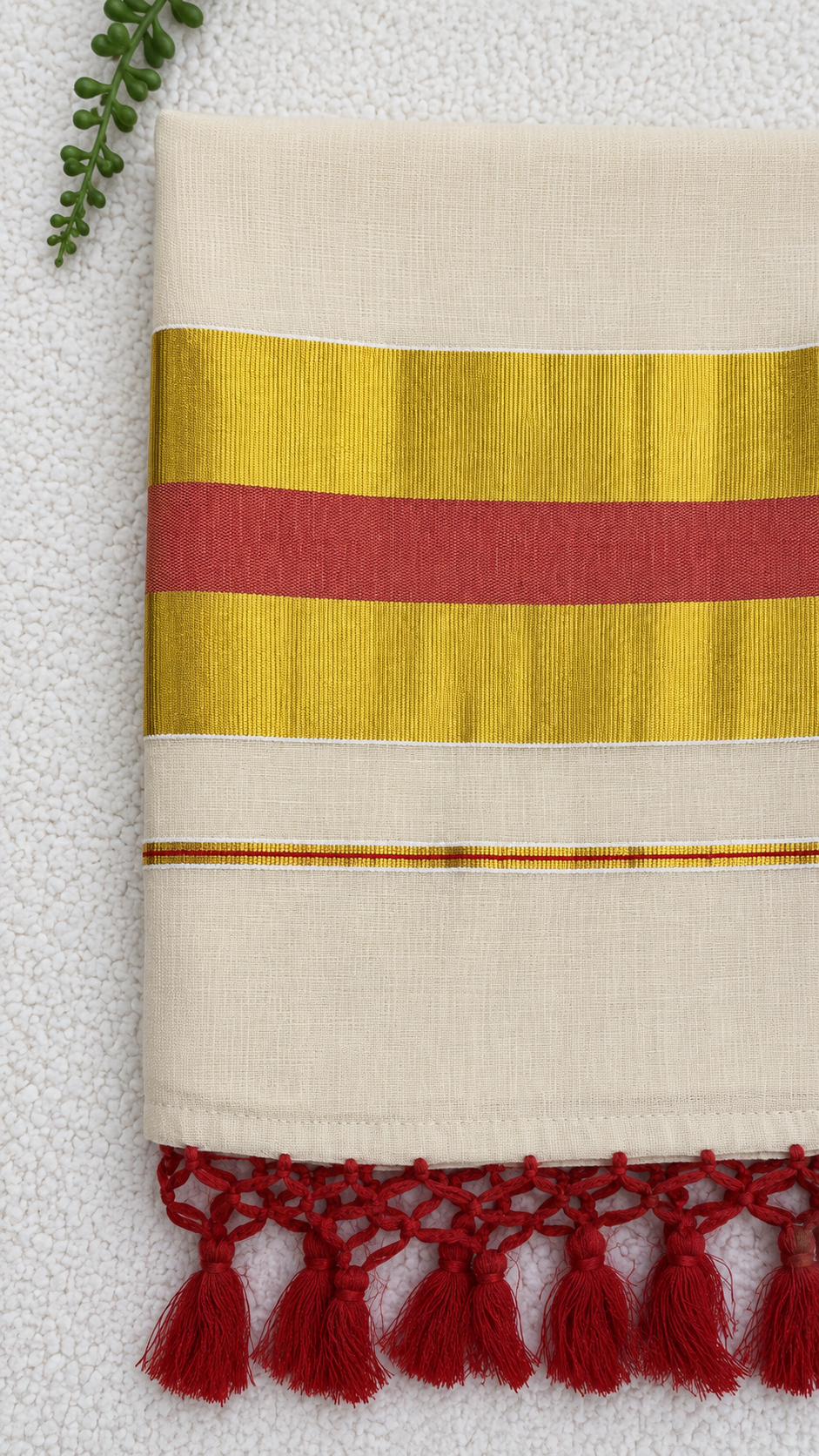 Tissue Saree with Gold & Red Border – Cream Base with Red Tassels | Traditional Kerala-Style Saree