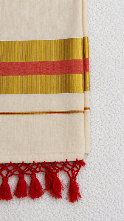 Tissue Saree with Gold & Red Border – Cream Base with Red Tassels | Traditional Kerala-Style Saree