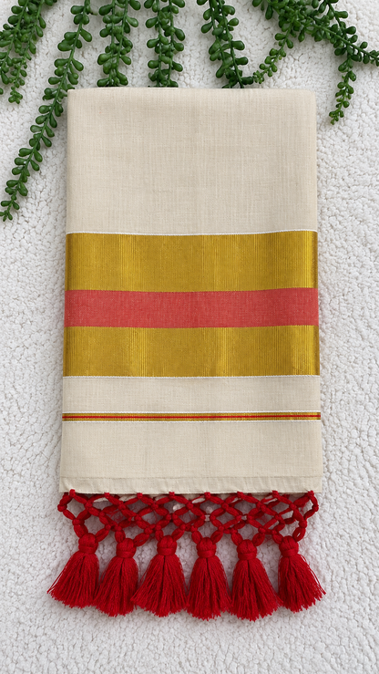 Tissue Saree with Gold & Red Border – Cream Base with Red Tassels | Traditional Kerala-Style Saree
