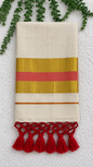 Tissue Saree with Gold & Red Border – Cream Base with Red Tassels | Traditional Kerala-Style Saree