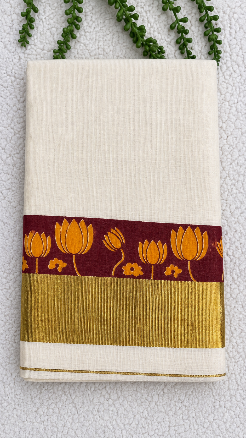 Kerala Cotton Set Saree with Lotus Print – Reddish Wine & Gold Border | Traditional South Indian Saree
