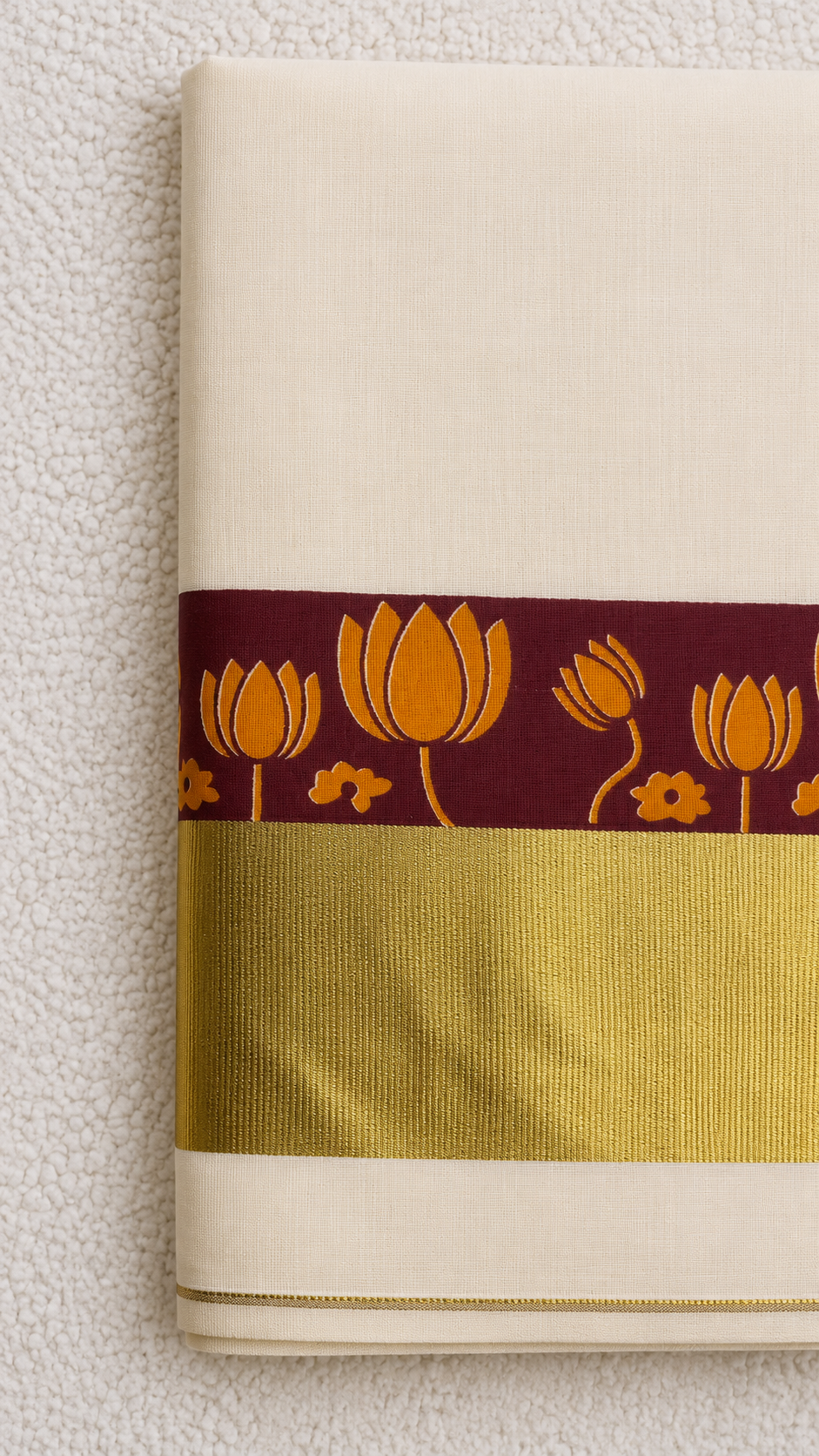 Kerala Cotton Set Saree with Lotus Print – Reddish Wine & Gold Border | Traditional South Indian Saree
