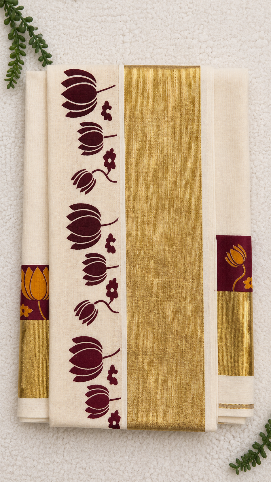 Kerala Cotton Set Saree with Lotus Print – Reddish Wine & Gold Border | Traditional South Indian Saree