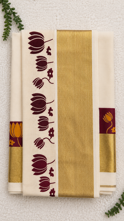 Kerala Cotton Set Saree with Lotus Print – Reddish Wine & Gold Border | Traditional South Indian Saree