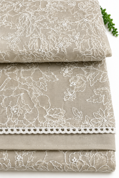Organza Saree with White Floral Thread Embroidery – Beige Base | Church Wear, Baptism & Special Occasion Saree