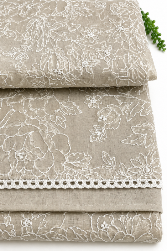 Organza Saree with White Floral Thread Embroidery – Beige Base | Church Wear, Baptism & Special Occasion Saree