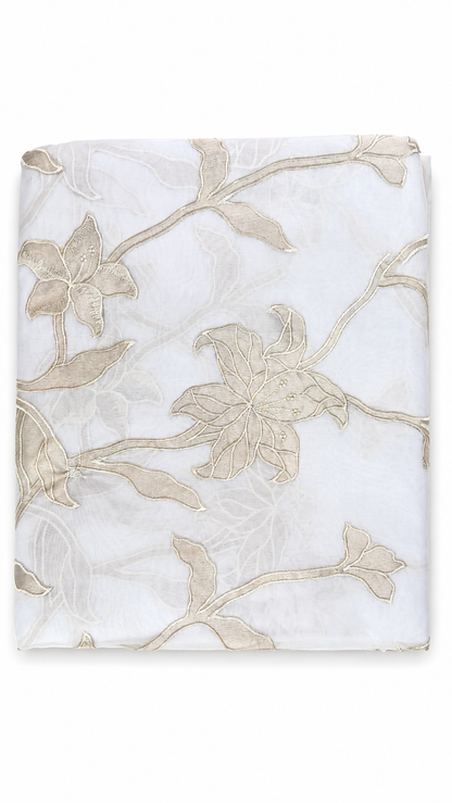 Organza Saree with Applique Floral Embroidery – White & Beige | Church Wear, Baptism & Special Occasion Saree