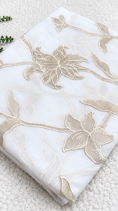 Organza Saree with Applique Floral Embroidery – White & Beige | Church Wear, Baptism & Special Occasion Saree