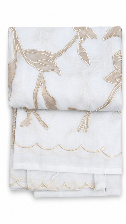 Organza Saree with Applique Floral Embroidery – White & Beige | Church Wear, Baptism & Special Occasion Saree