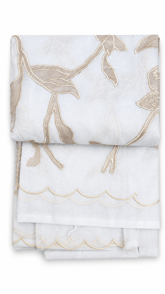 Organza Saree with Applique Floral Embroidery – White & Beige | Church Wear, Baptism & Special Occasion Saree